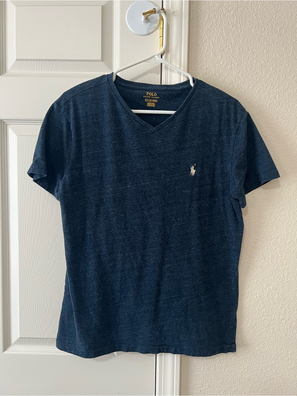 Polo Ralph Lauren Navy Heather V Neck Tee Shirt White Pony Logo Size Medium